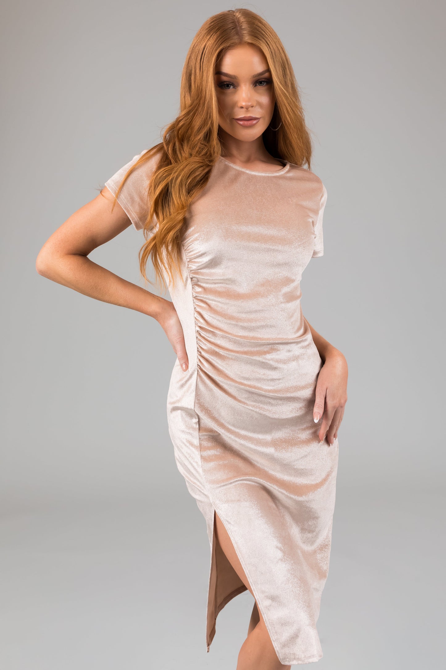 Champagne Sparkle Velvet Fitted Midi Dress