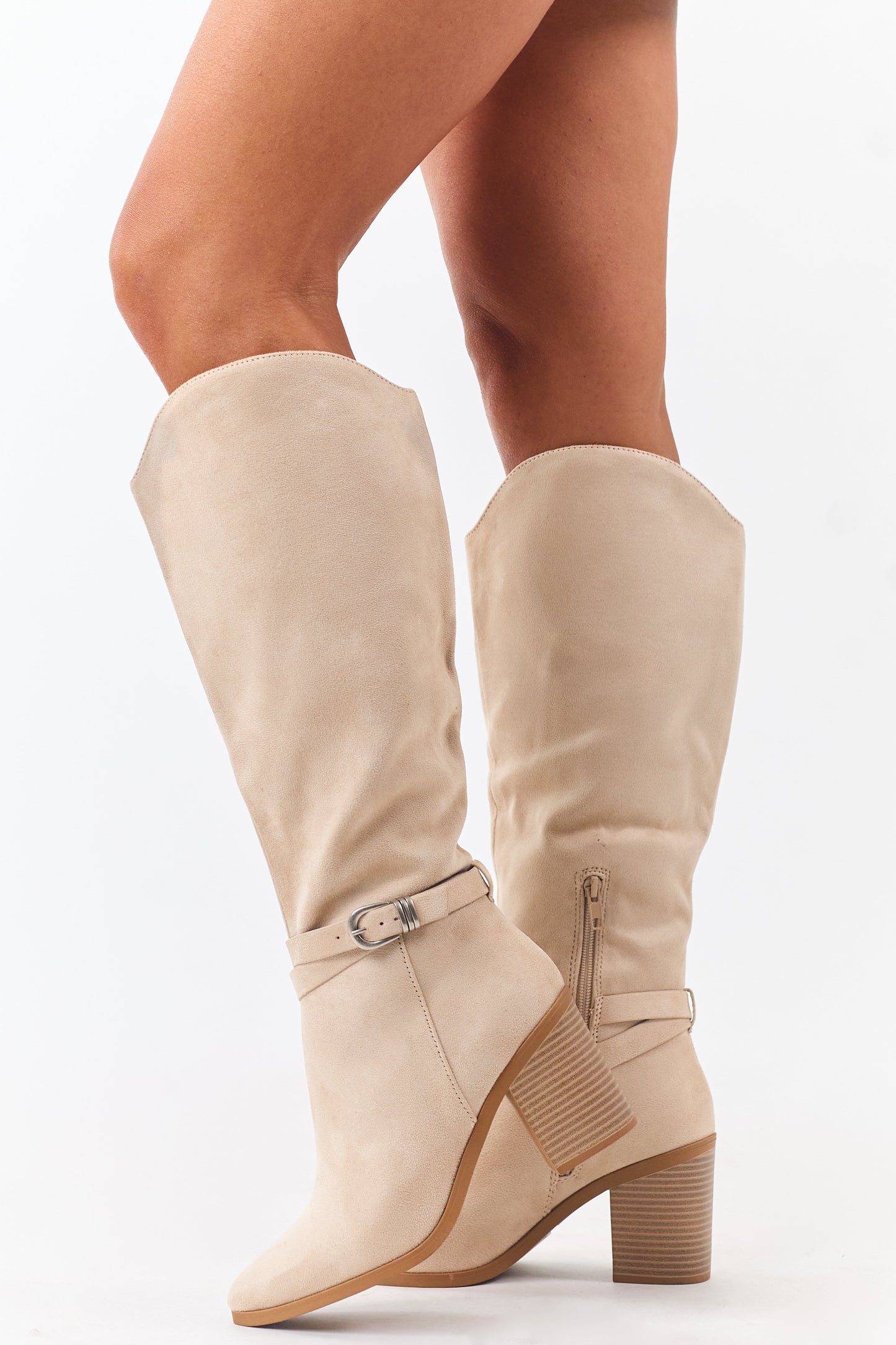 Champagne Faux Suede Ankle Strap Tall Boots