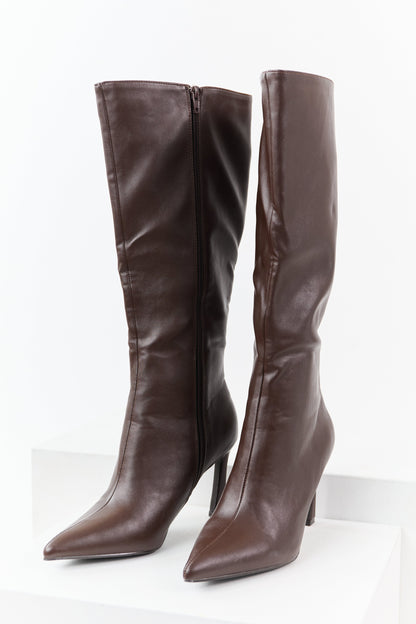 Chocolate Faux Leather High Heel Tall Boots