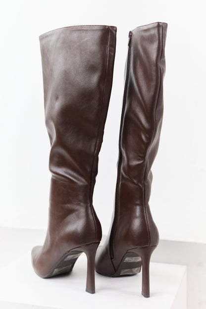 Chocolate Faux Leather High Heel Tall Boots