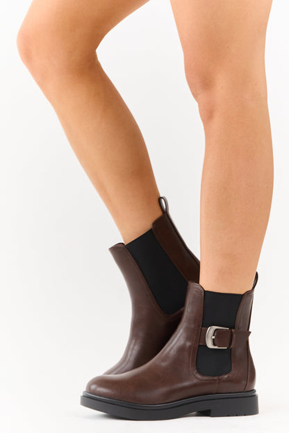 Chocolate Faux Leather Side Buckle Booties
