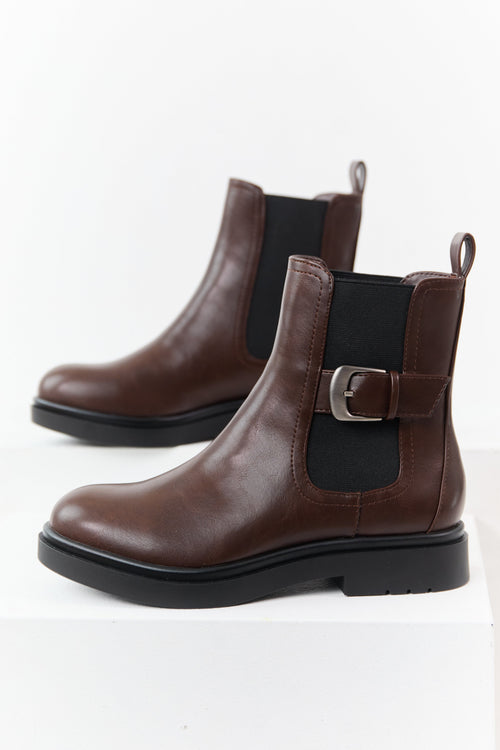 Chocolate Faux Leather Side Buckle Booties