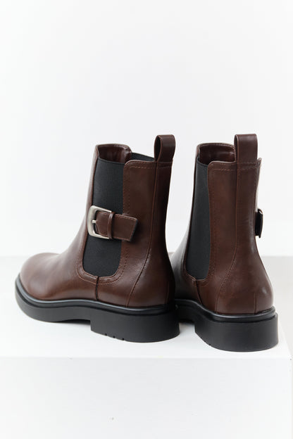 Chocolate Faux Leather Side Buckle Booties