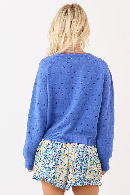 Cobalt Pointelle Button Down Long Sleeve Cardigan