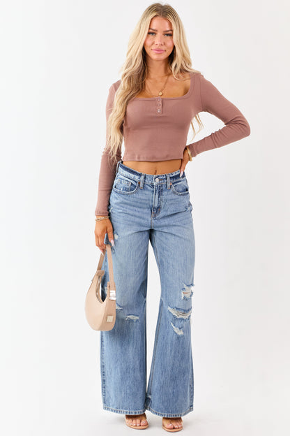 Coffee Long Sleeve Crop Cotton Henley Top