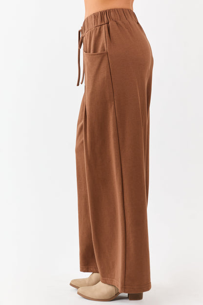 Coffee Wide Leg Pleated Waist Knit Sweatpants