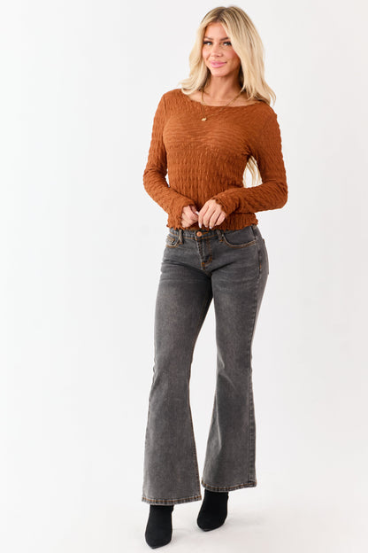Cognac Textured Boat Neck Long Sleeve Mesh Top