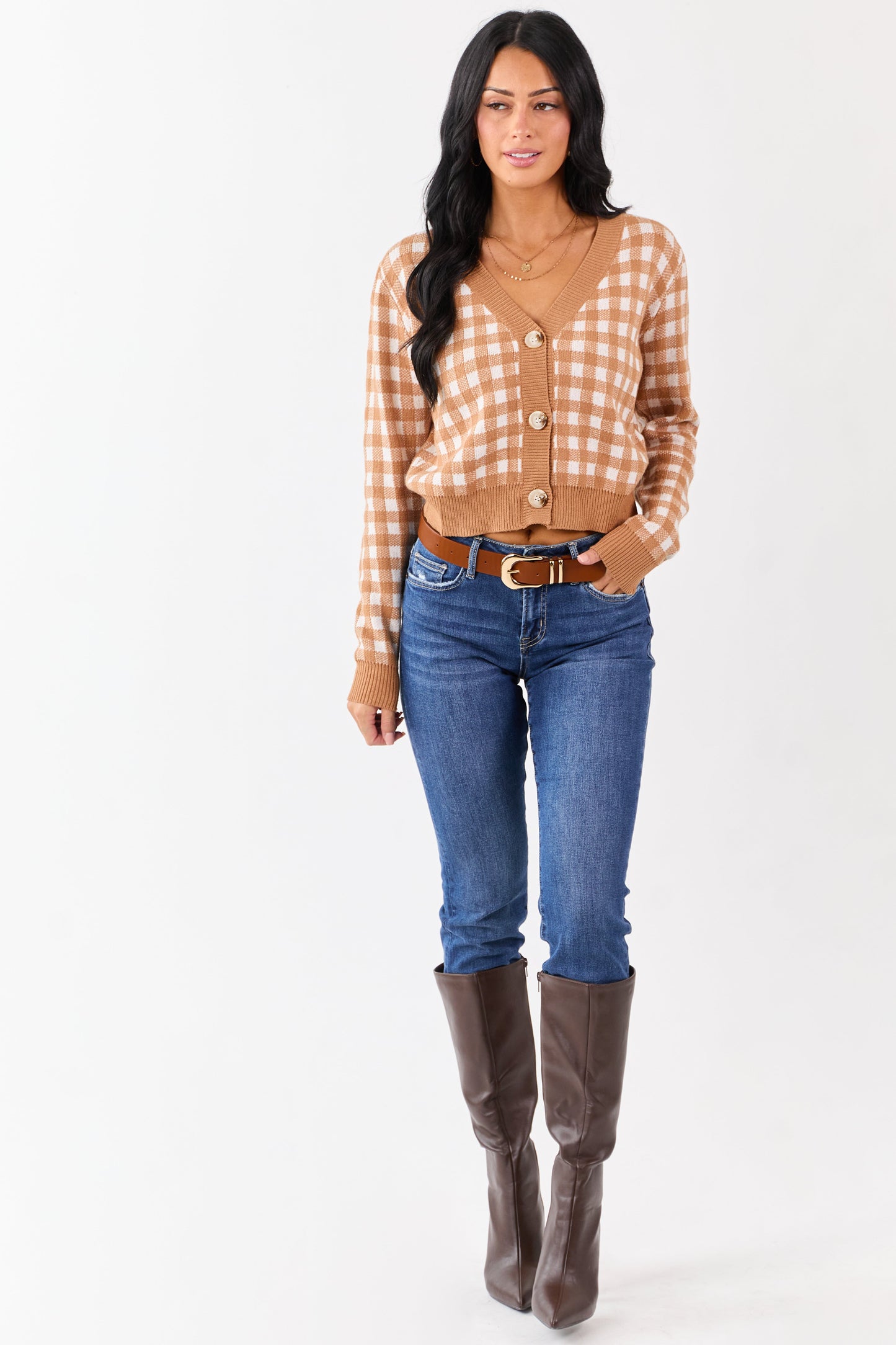 Copper Checkered Button Down Cropped Cardigan