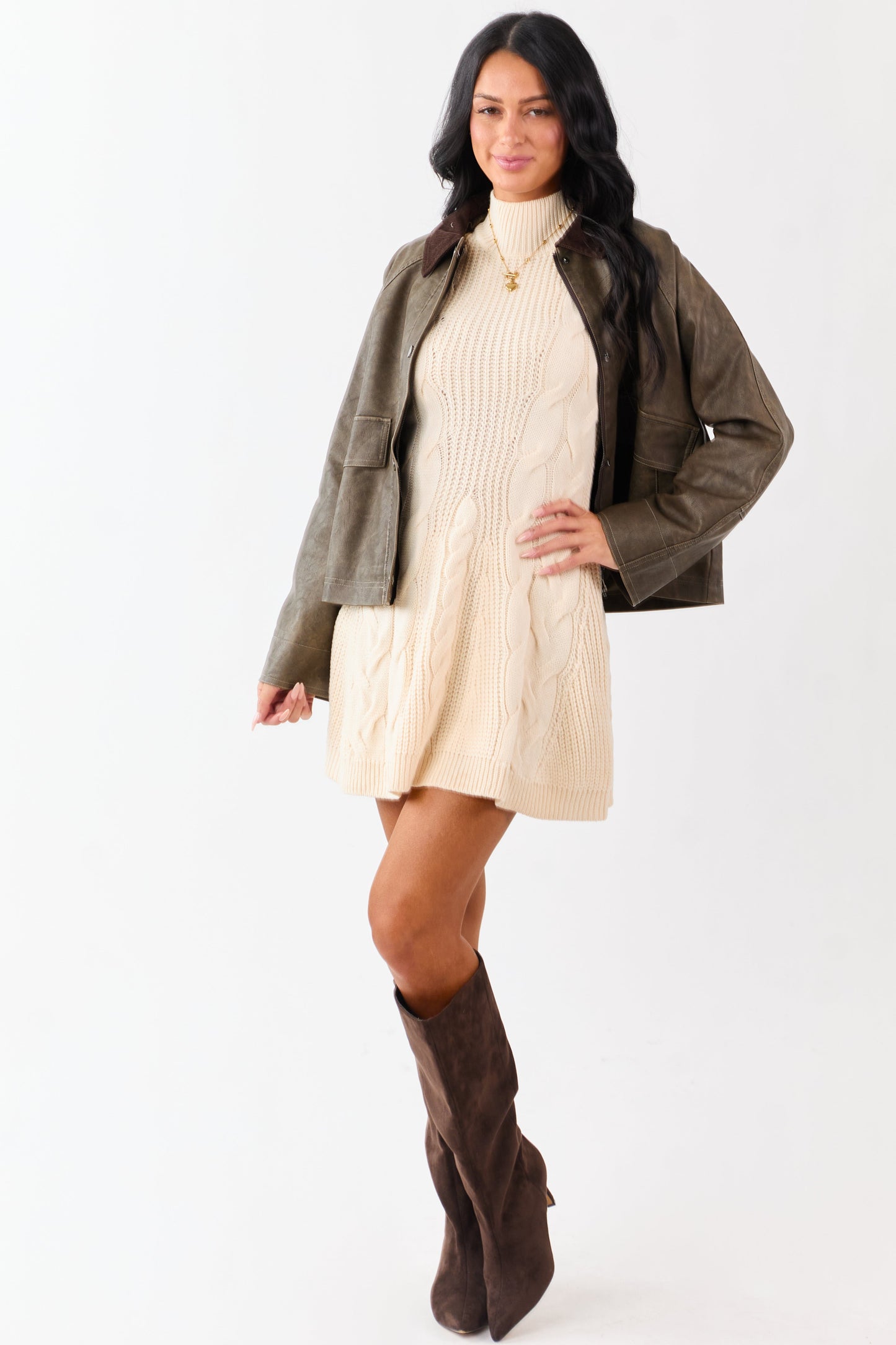 Cream Cable Knit Mock Neck Sleeveless Mini Dress
