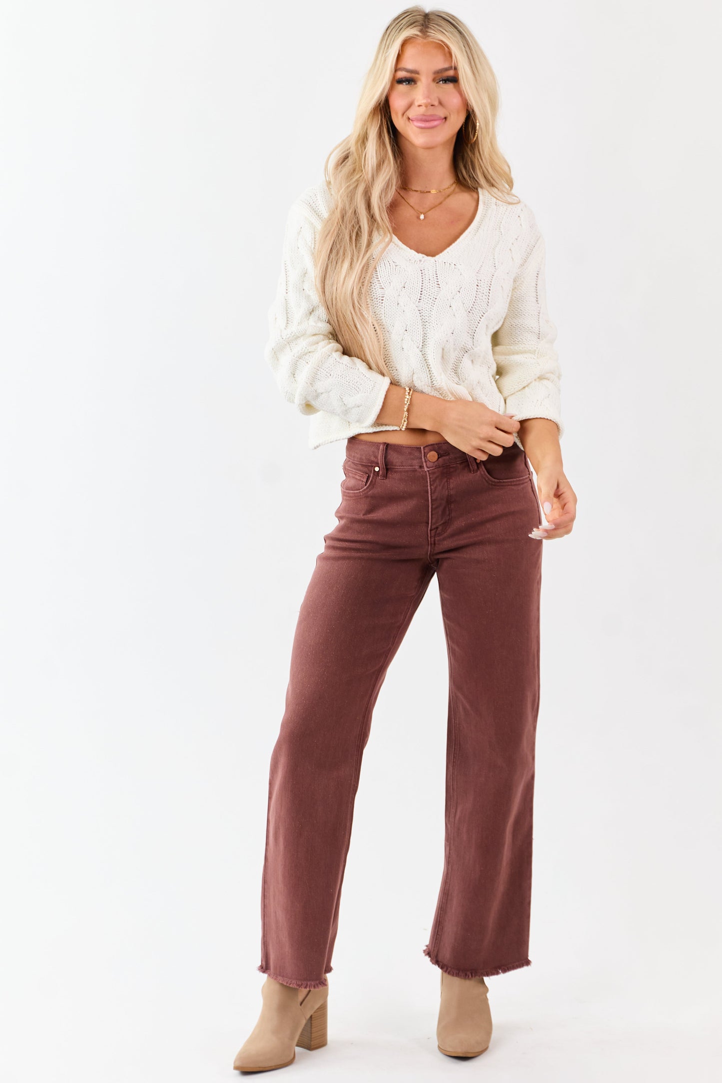 Cream Cable Knit V-Neck Long Sleeve Sweater