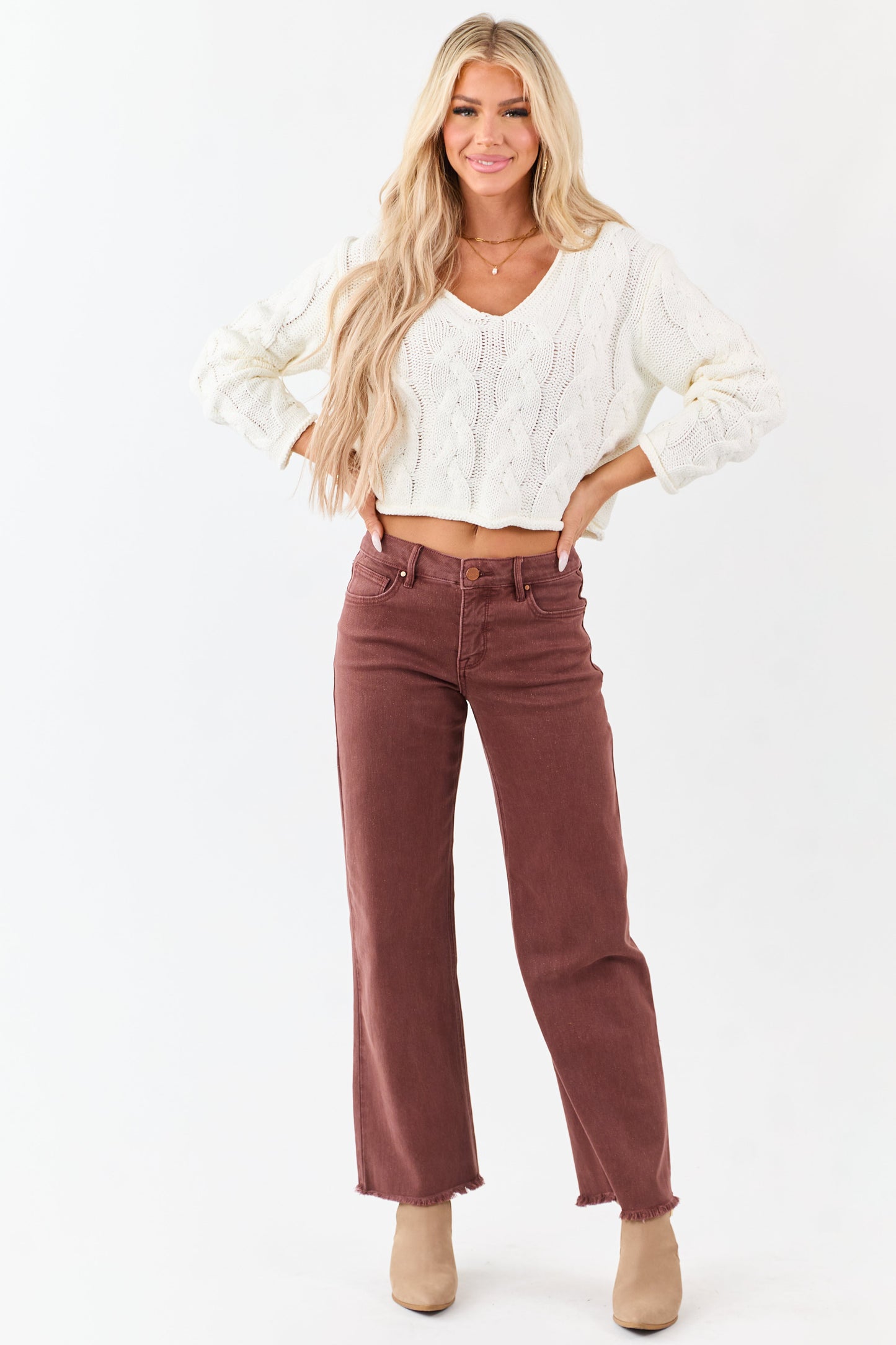 Cream Cable Knit V-Neck Long Sleeve Sweater
