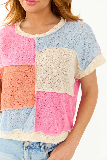 Cream Colorblock Knit Short Sleeve Top