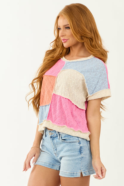 Cream Colorblock Knit Short Sleeve Top