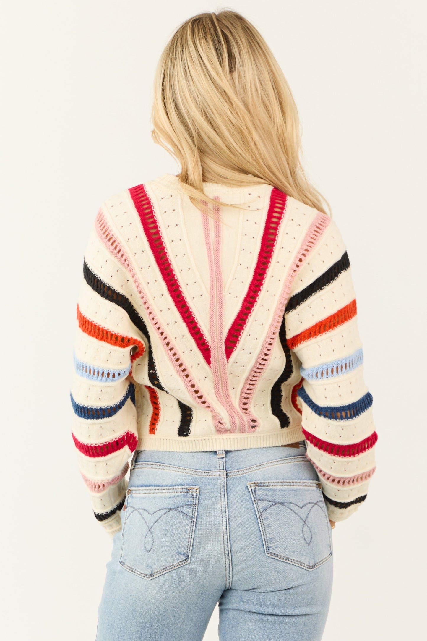 Cream Colorful Stripe Pointelle Knit Sweater