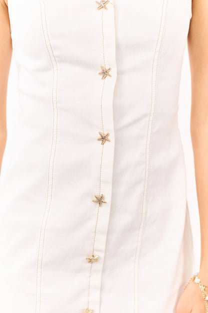 Cream Denim Starfish Button Detail Mini Dress