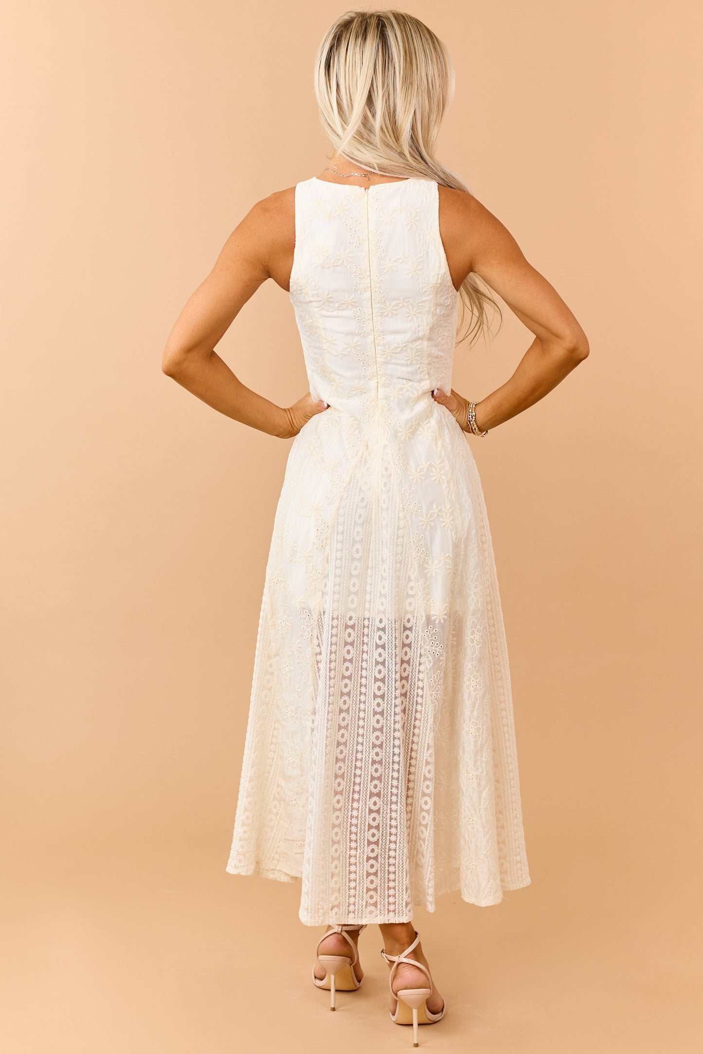 Cream Eyelet Lace Embroidered Sleeveless Maxi Dress