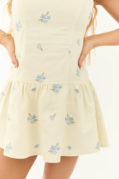 Cream Denim Floral Embroidered Drop Waist Mini Dress