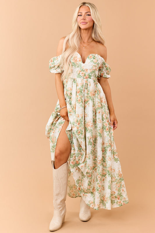 Cream Floral Print Puff Sleeve Sweetheart Maxi Dress