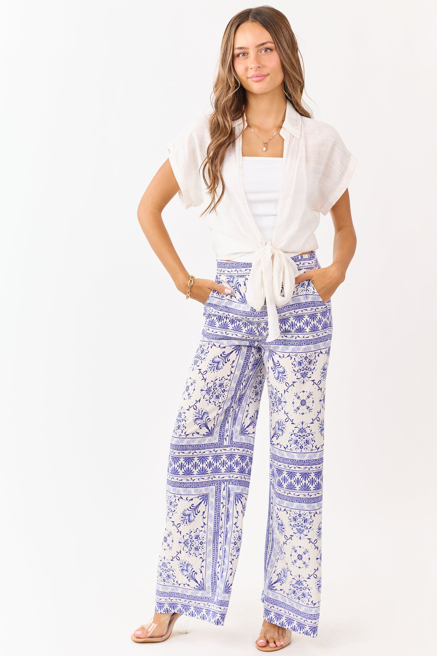 Cream Floral Tile Print Lightweight Wide Leg Pants