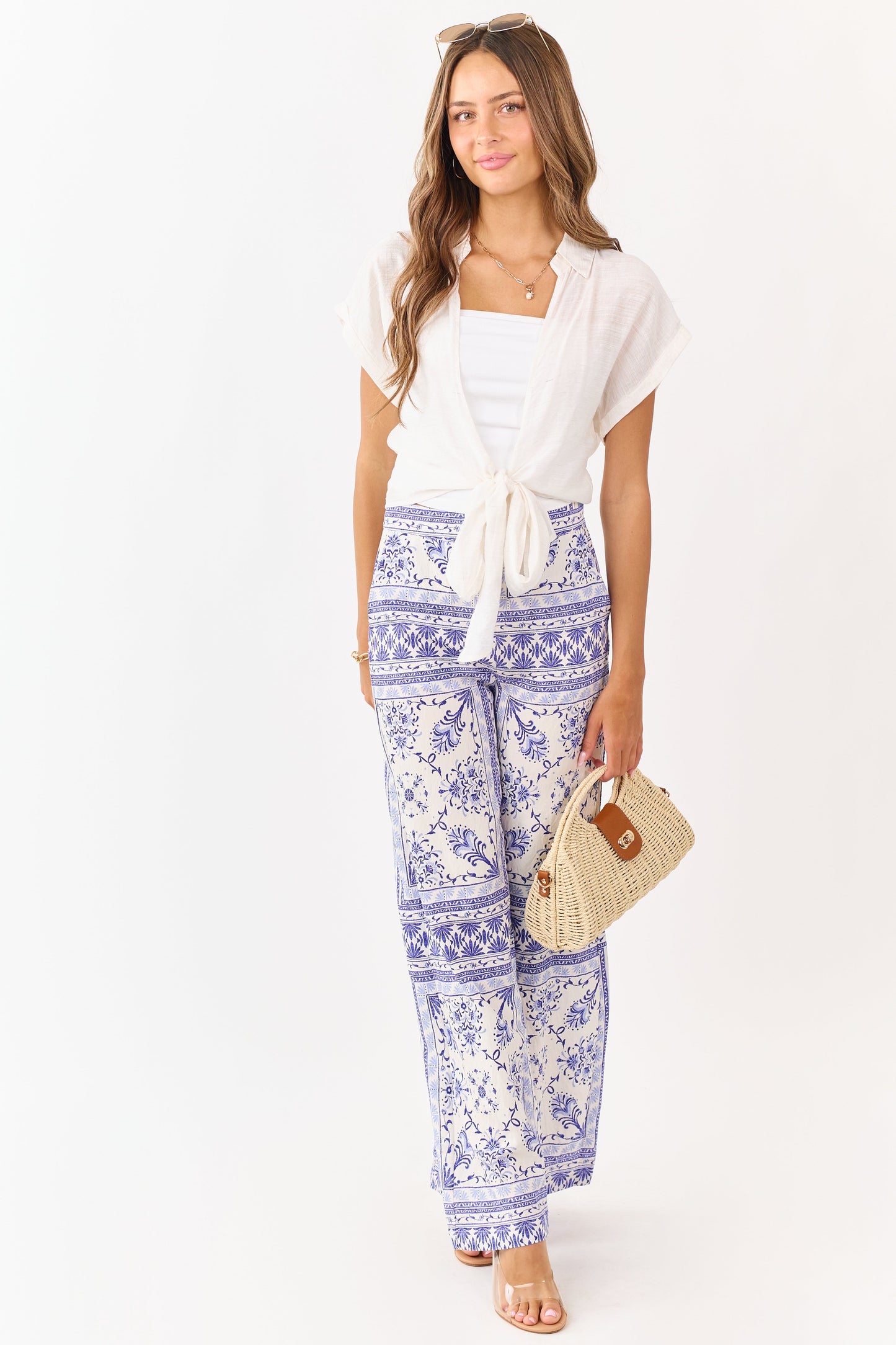 Cream Floral Tile Print Lightweight Wide Leg Pants