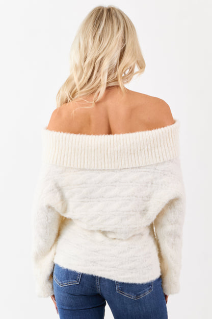 Cream Fold Over Off Shoulder Eyelash Knit Sweater