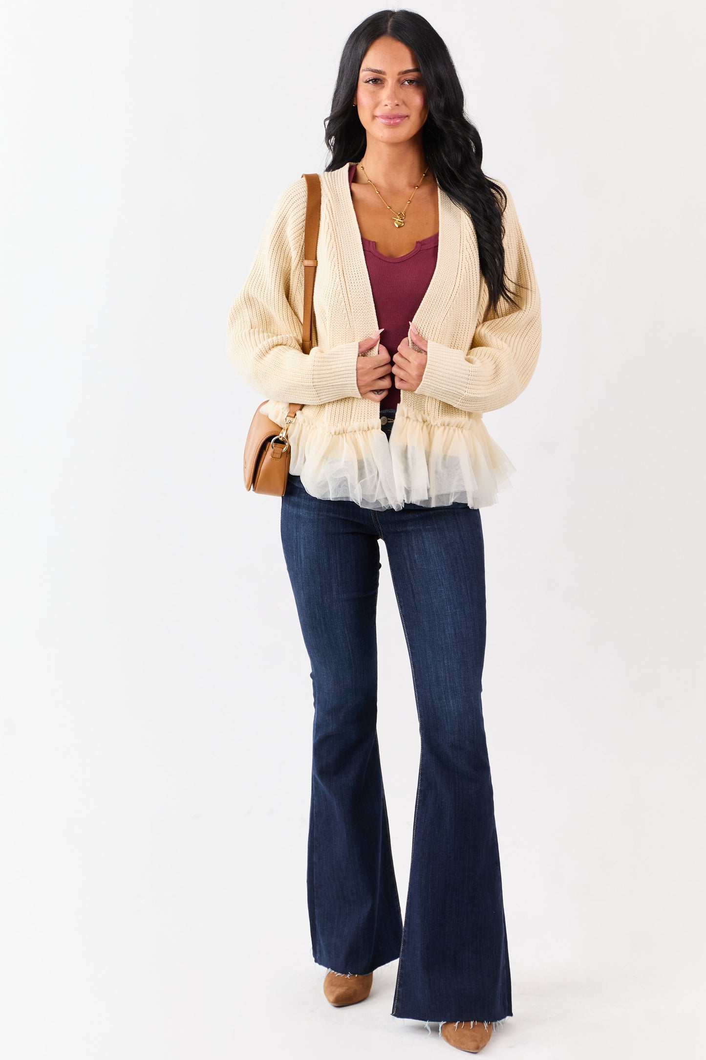 Cream Knit Open Front Tulle Ruffle Hem Cardigan