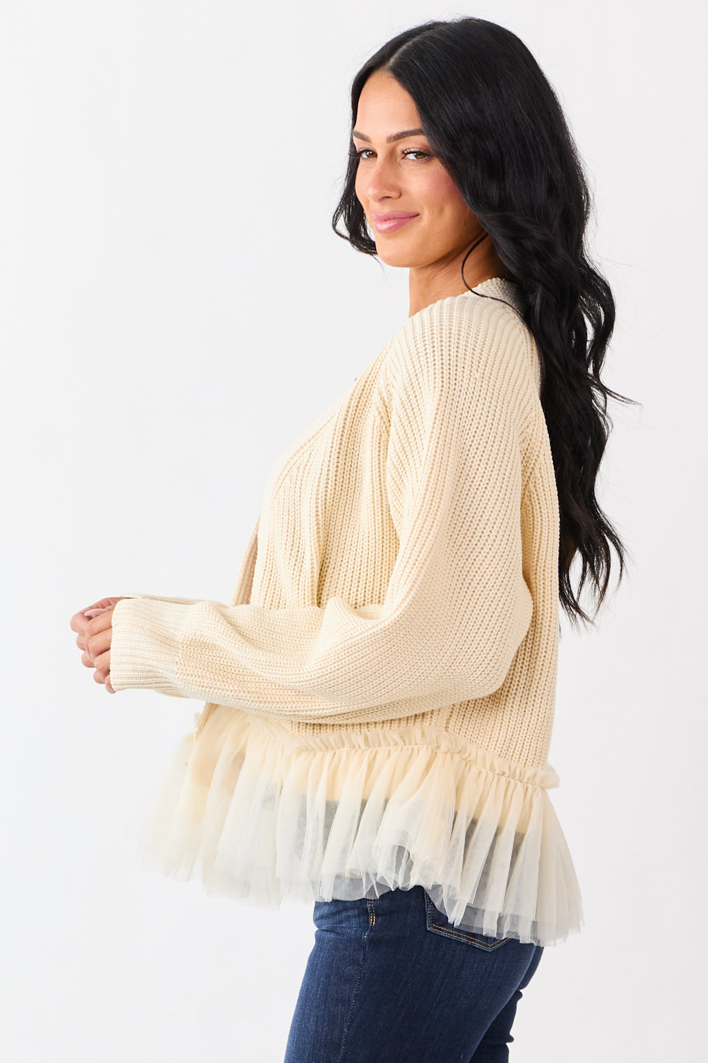 Cream Knit Open Front Tulle Ruffle Hem Cardigan