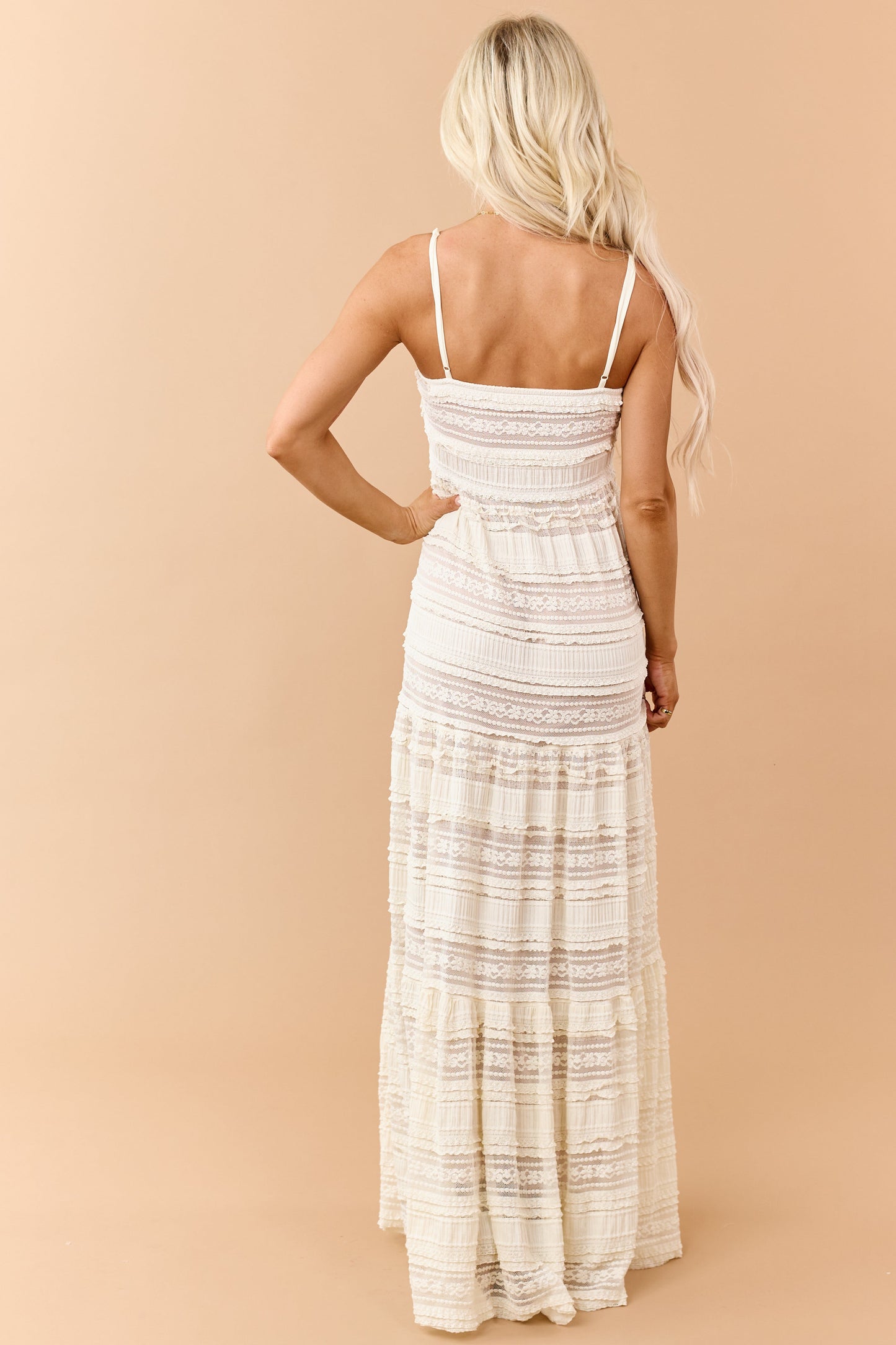 Cream Lace Tiered V-Neck Sleeveless Maxi Dress