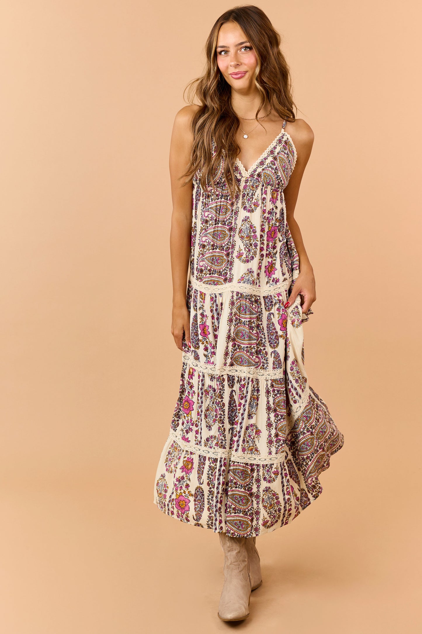 Cream Paisley Floral Print Tiered V-Neck Midi Dress