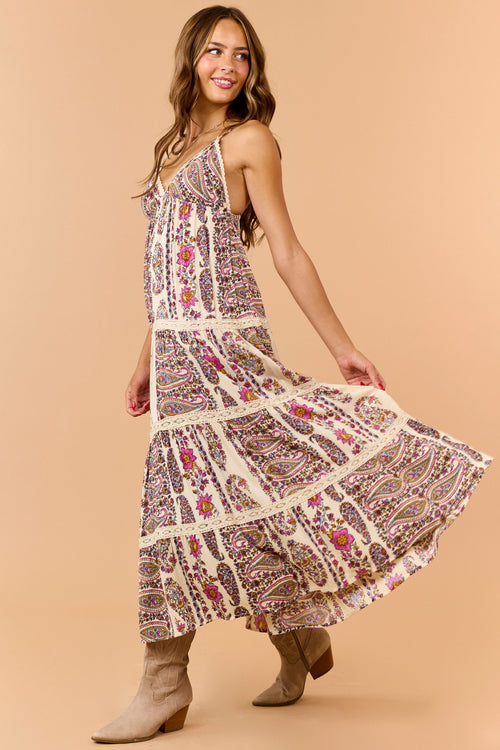 Cream Paisley Floral Print Tiered V-Neck Midi Dress