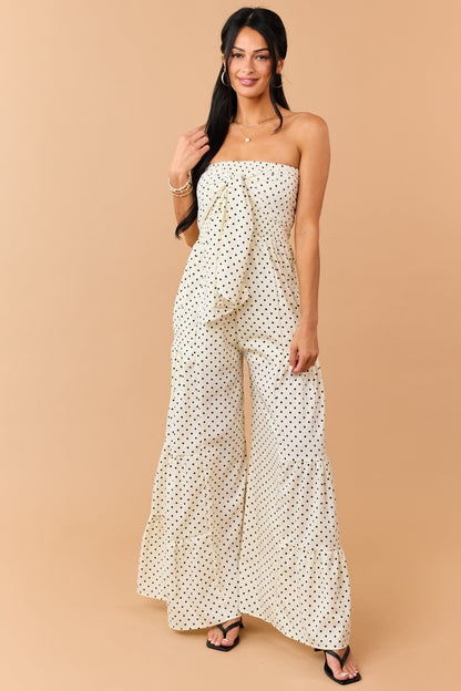 Cream Polka Dot Strapless Front Tie Jumpsuit