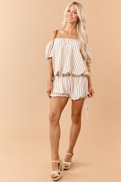 Cream Striped Elastic Waist Tie Bubble Hem Shorts