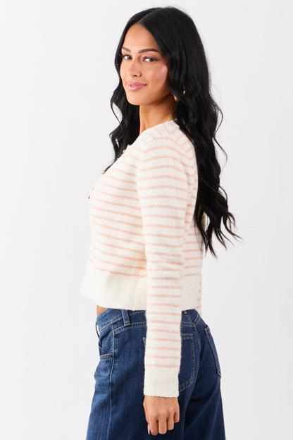Cream Striped Wool Blend Knit Button Up Cardigan