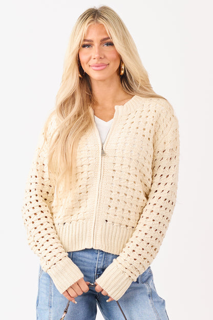 Cream Zip Up Open Knit Sweater Cardigan