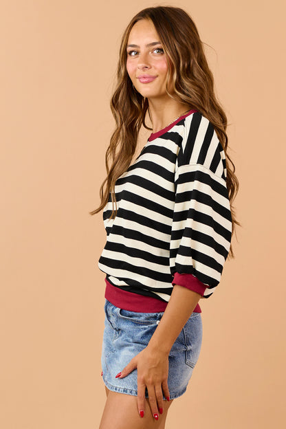Cream and Black Striped Bubble Sleeve Sweatshirt