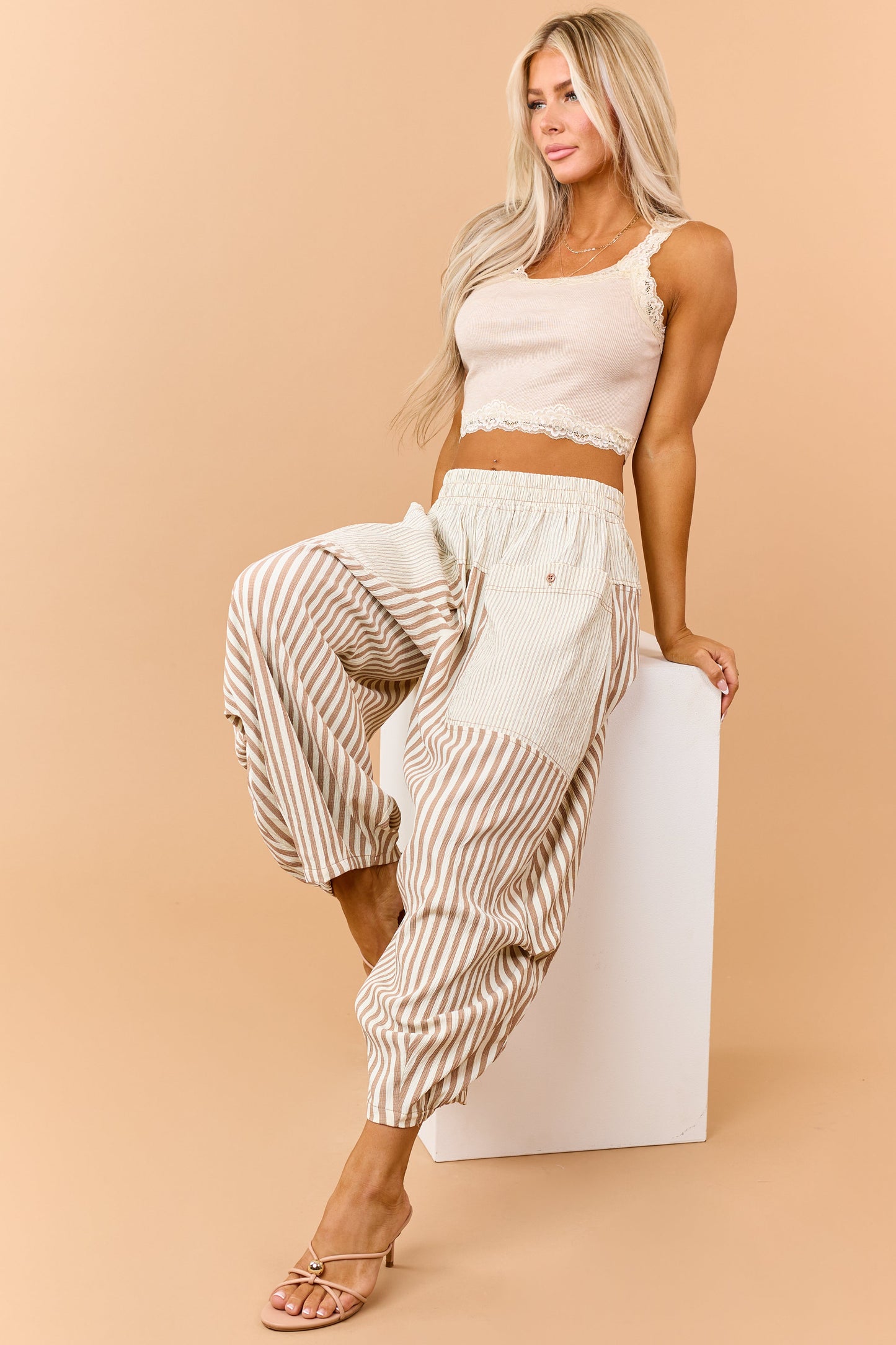 Cream and Latte Striped Wide Crop Pants
