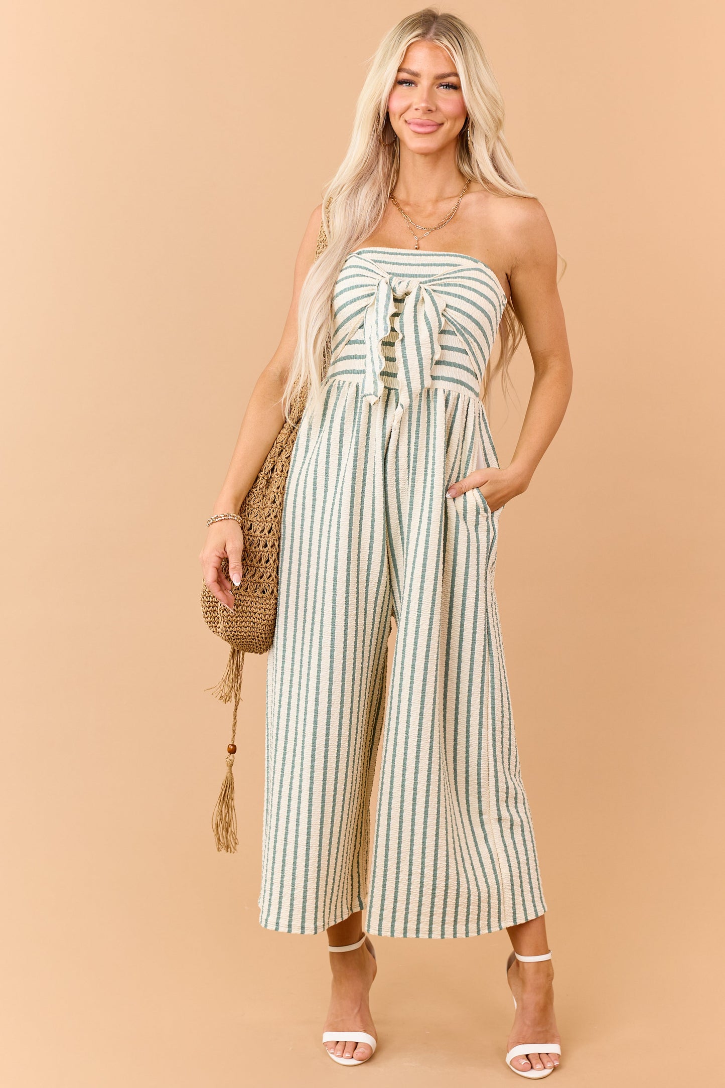Cream and Sage Striped Strapless Jumpsuit