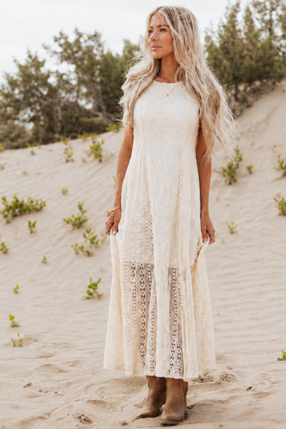 Cream Eyelet Lace Embroidered Sleeveless Maxi Dress