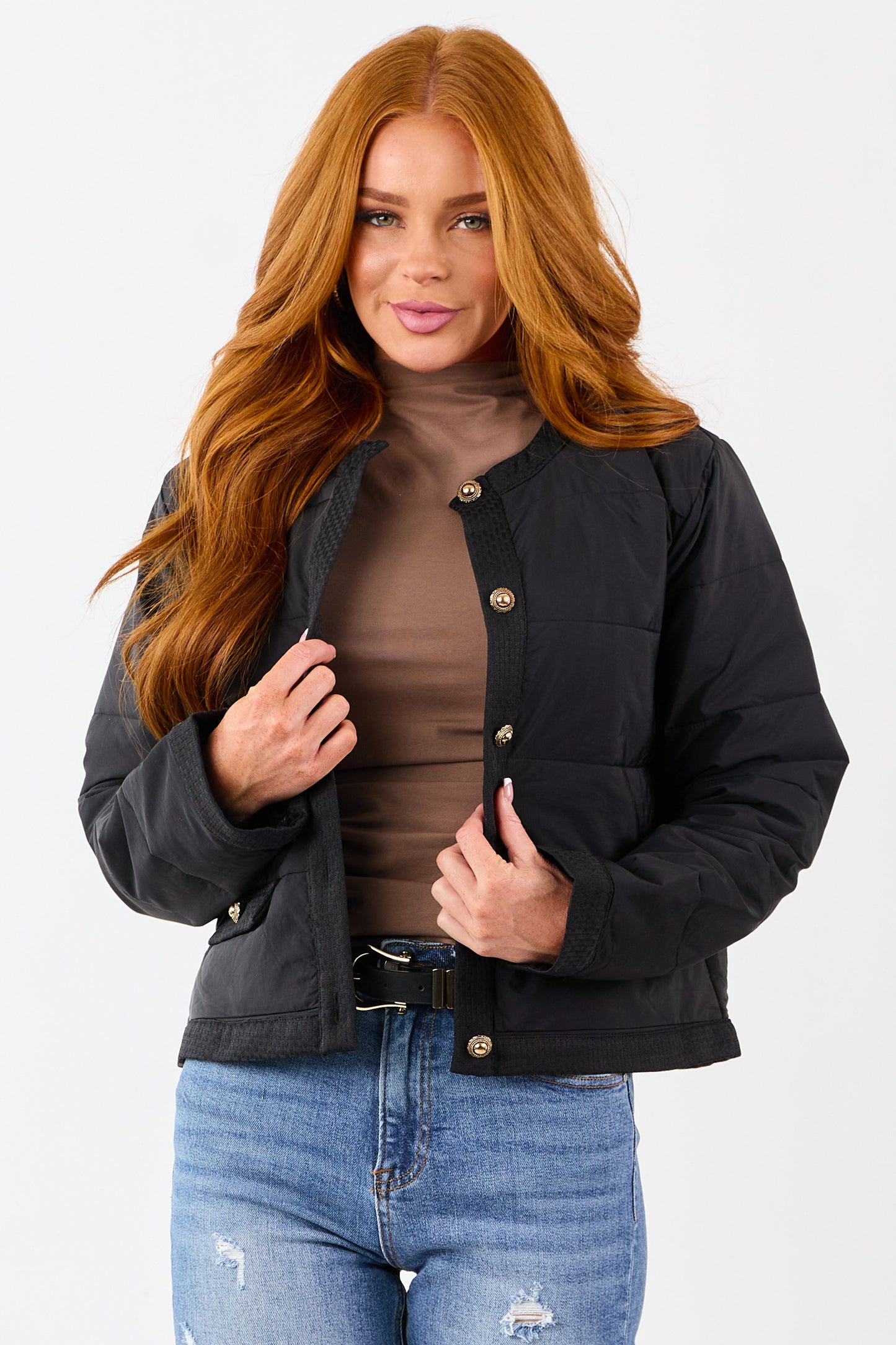 Entro Black Button Down Long Sleeve Puff Jacket
