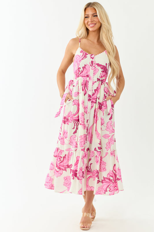 Entro Cream Floral Buttoned Sleeveless Maxi Dress