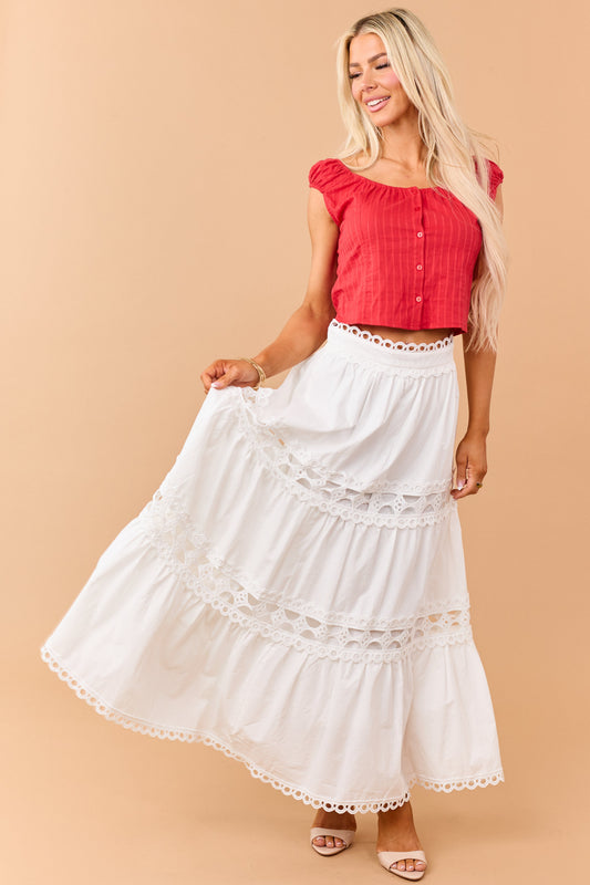 Ivory Cotton Eyelet Lace Tiered Maxi Skirt