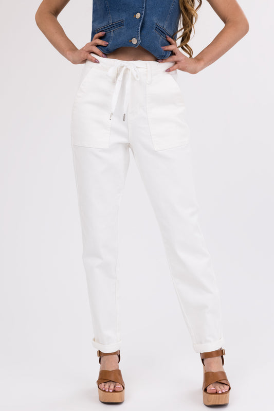 Judy Blue Ivory Drawstring High Waist Jeans