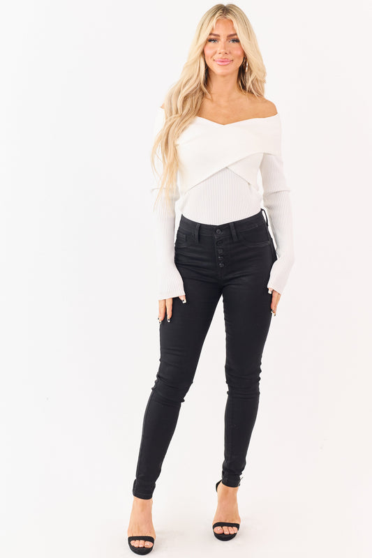 KanCan Black Button Fly Stretchy Coated Skinny Jeans