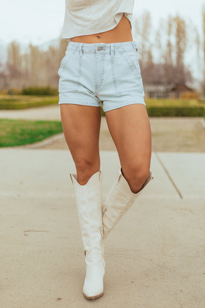 KanCan Light Wash Pin Stripe Boyfriend Shorts