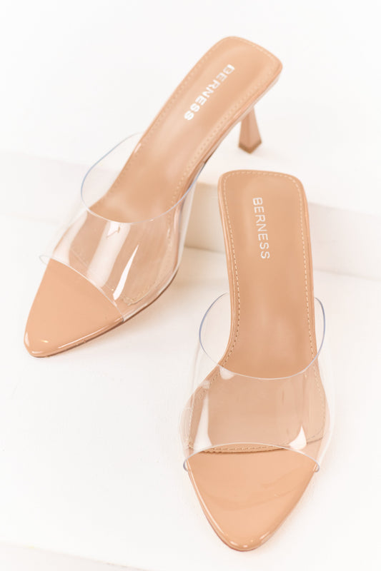 Latte Faux Leather Open Toe Slip On Heels