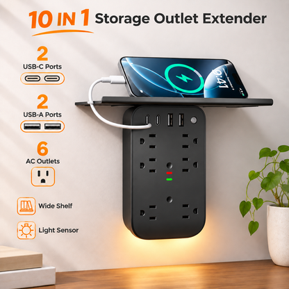 10 in 1 Wall Outlet Extender with Shelf & Night Light