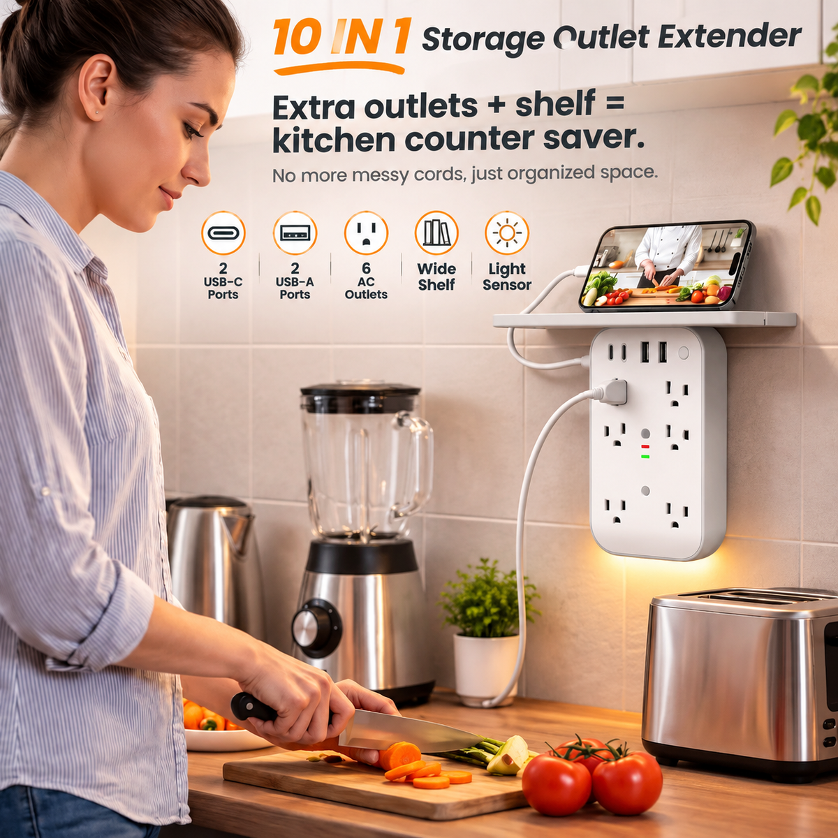10 in 1 Wall Outlet Extender with Shelf & Night Light