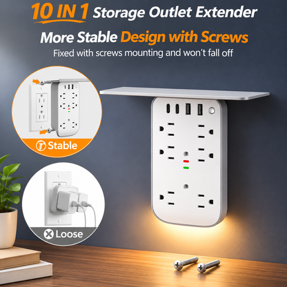 10 in 1 Wall Outlet Extender with Shelf & Night Light